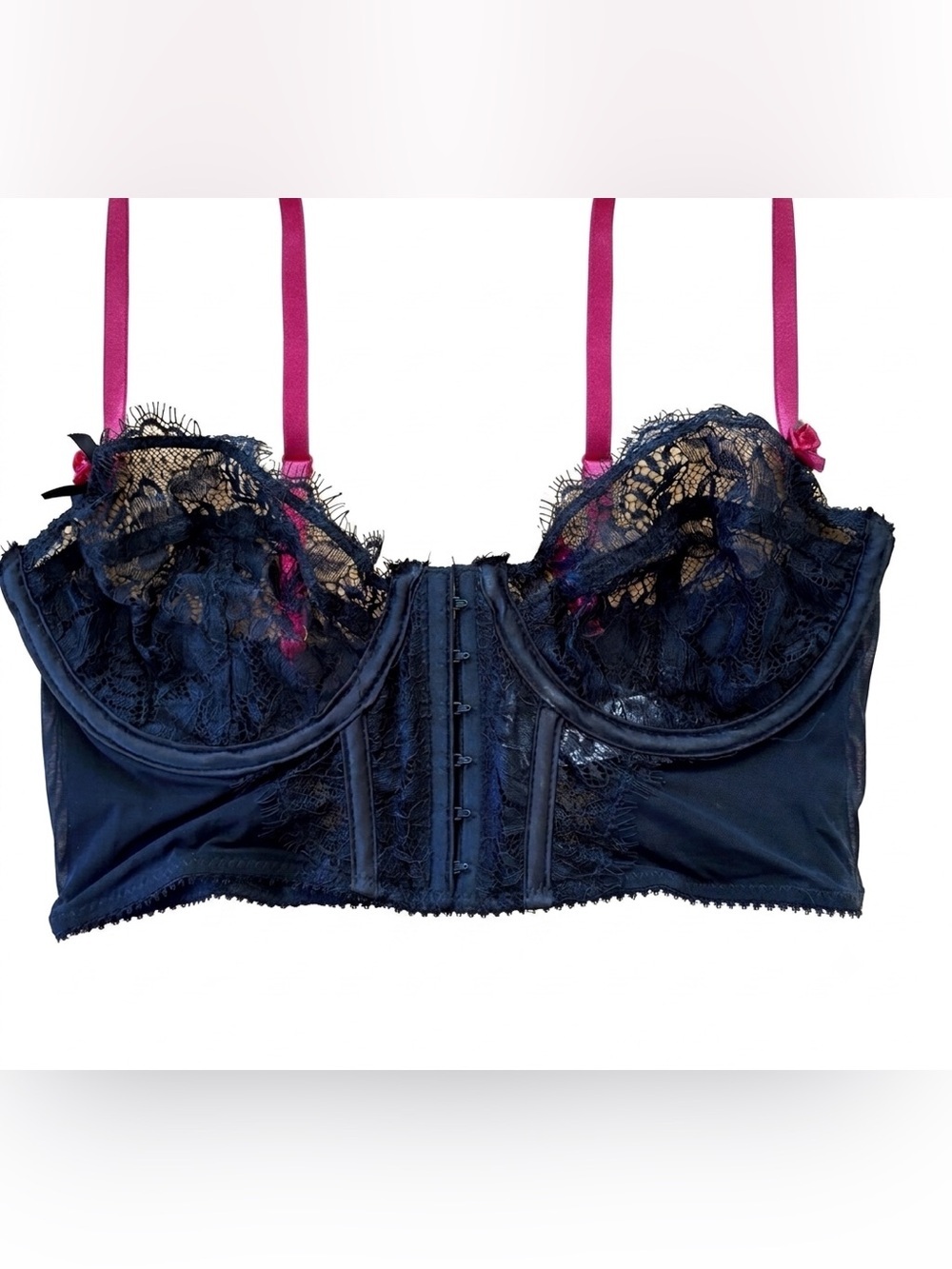 Mila Mae NWT Black Lace Bustier Bra Pink Straps 34C sexy Valentine’s Day romance